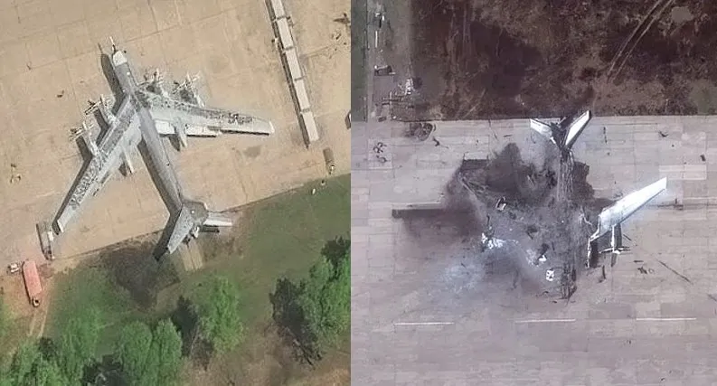 지난달 27일 러시아 우크라인카 공군기지에 타이어로 위장한 Tu-95 폭격기(왼쪽)와 지난 4일 벨라야 공군기지에서 드론으로 파괴된 Tu-95. Maxar Technologies thumbnail - 지난달 27일 러시아 우크라인카 공군기지에 타이어로 위장한 Tu-95 폭격기(왼쪽)와 지난 4일 벨라야 공군기지에서 드론으로 파괴된 Tu-95. Maxar Technologies