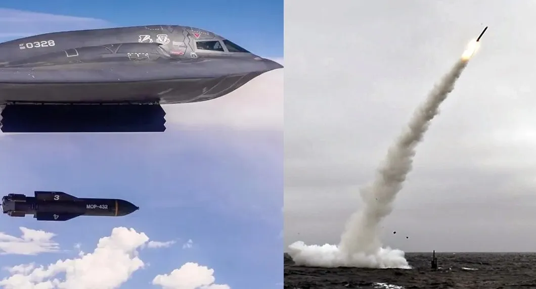 B-2 스피릿 스텔스 전략폭격기가 벙커버스터 GBU-57을 떨구는 모습과 잠수함에서 발사되는 순항 미사일. 미 공군, 해군 제공 thumbnail - B-2 스피릿 스텔스 전략폭격기가 벙커버스터 GBU-57을 떨구는 모습과 잠수함에서 발사되는 순항 미사일. 미 공군, 해군 제공