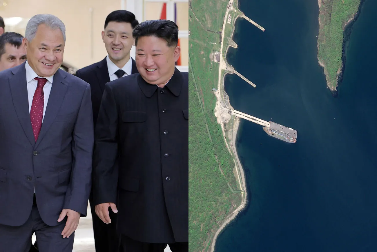 thumbnail - 세르게이 쇼이구 러시아 국가안보회의 서기와 김정은 북한 국무위원장(왼쪽), 위성사진에는 지난해 북한군을 실어 나른 선박과 같은 유형의 수송선이 지난 5월 18일(현지시간) 러시아 블라디보스토크 인근 두나이 군항에 도착했다. 출처=KCNA·오픈소스 센터 에어버스