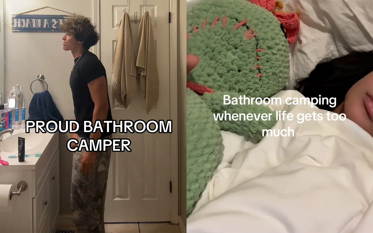 최근 소셜미디어(SNS) 틱톡을 중심으로 미국 Z세대 사이에서 ‘화장실 캠핑’(Bathroom Camping) 트렌드가 확산하고 있다. 틱톡 asfmonje, zazisdump 캡처 thumbnail - 최근 소셜미디어(SNS) 틱톡을 중심으로 미국 Z세대 사이에서 ‘화장실 캠핑’(Bathroom Camping) 트렌드가 확산하고 있다. 틱톡 asfmonje, zazisdump 캡처