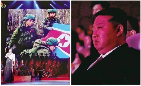 김정은, 러 파병된 북한군 영상 보고 ‘눈물’지난달 29일 방북 중인 올가 류비모바 러시아 문화부 장관이 참석한 가운데 북한 동평양대극장에서 열린 북러 예술인 공연 중 무대에 설치된 스크린에 러시아로 파병된 북한 군인들이 인공기를 들고 있는 모습이 상영되고 있다(왼쪽 사진). 오른쪽 사진은 김정은 북한 국무위원장이 러시아로 파병된 북한 군인들의 모습이 화면에 등장하자 눈물을 글썽이고 있는 모습. 조선중앙TV 화면 연합뉴스 thumbnail - 김정은, 러 파병된 북한군 영상 보고 ‘눈물’지난달 29일 방북 중인 올가 류비모바 러시아 문화부 장관이 참석한 가운데 북한 동평양대극장에서 열린 북러 예술인 공연 중 무대에 설치된 스크린에 러시아로 파병된 북한 군인들이 인공기를 들고 있는 모습이 상영되고 있다(왼쪽 사진). 오른쪽 사진은 김정은 북한 국무위원장이 러시아로 파병된 북한 군인들의 모습이 화면에 등장하자 눈물을 글썽이고 있는 모습. 조선중앙TV 화면 연합뉴스