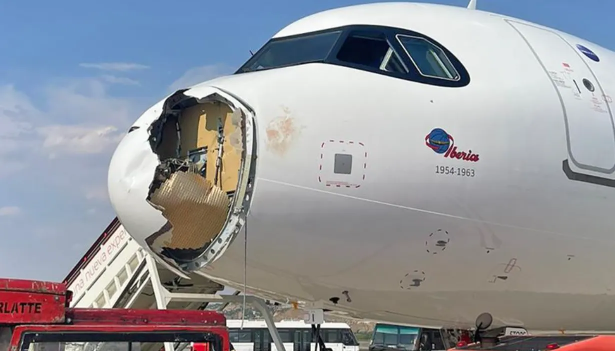 thumbnail - 현지시간으로 지난 3일 스페인 마드리드에서 출발해 프랑스 파리로 가던 이베리아 항공 여객기가 조류 충돌로 망가진 채 회항한 모습. 엑스 캡처