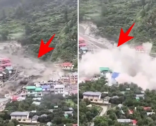 thumbnail - 현지시간으로 5일 오후 인도 북부 히말라야 인근에 있는 우타라칸드주(州) 다랄리 마을에서 흙탕물을 동반한 급류가 협곡을 따라 쏟아지는 모습. 엑스 캡처