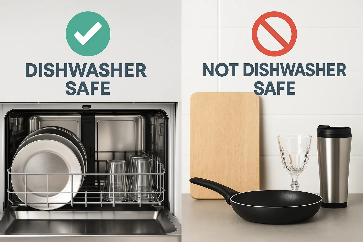 thumbnail - 주방용품을 나란히 비교한 이미지. 왼쪽은 세척기 사용이 가능한 제품, 오른쪽은 손세척이 권장되는 제품을 보여준다.