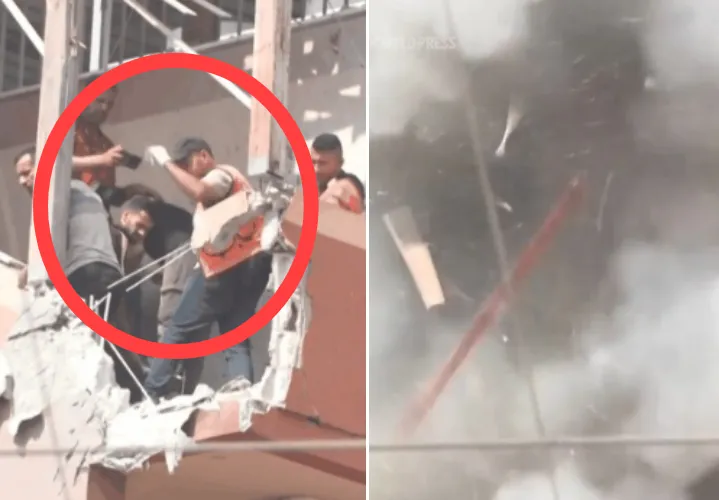 thumbnail - 25일(현지시간) 이스라엘군이 가자지구 칸유니스에 있는 나세르 병원을 공습하면서 병원 4층이 붕괴됐다. 사진은 붕괴 직전 1차 폭격 현장에 달려가던 언론인들(왼쪽)과 폭격 직후 모습. AP 영상 캡처