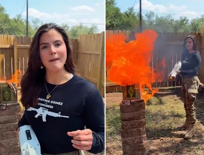 thumbnail - 극우 MAGA(미국을 위대하게) 국회의원 후보인 발렌티나 고메즈(사진)가 화염방사기로 ‘꾸란’에 불을 지르는 모습의 영상을 공개했다. 엑스 캡처