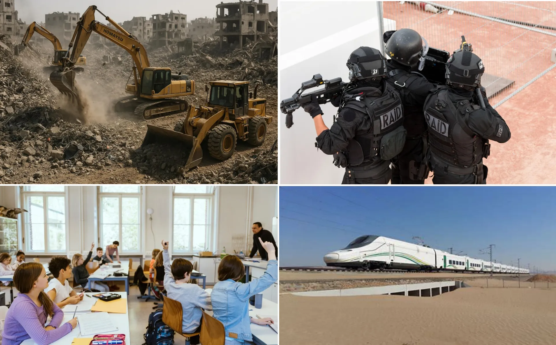 thumbnail - GREAT 트러스트 구상에 담긴 재건·치안·사회 인프라 구상. 잔해 제거와 인프라 복구(왼쪽 위), PMC에 의한 치안 유지(오른쪽 위), 교육 시스템 정상화(왼쪽 아래), 고속철도 건설(오른쪽 아래).