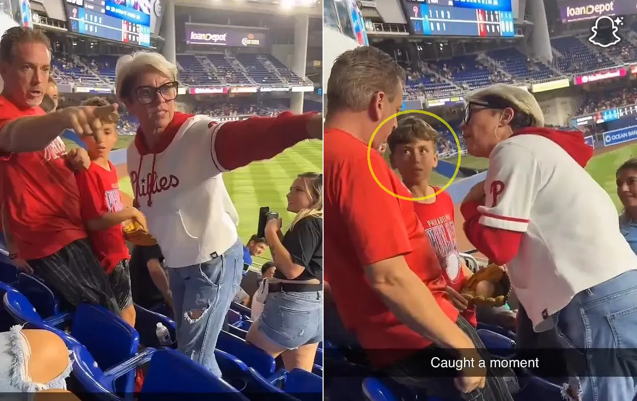 thumbnail - 마이애미 로운디포트 파크 관중석에서 필라델피아 필리스 팬들이 홈런공을 두고 실랑이를 벌이고 있다. 여성은 “내 손에 있었다”며 강하게 항의했고, 아들은 놀란 표정으로 상황을 지켜봤다. 출처=엑스(@irenekazakos)