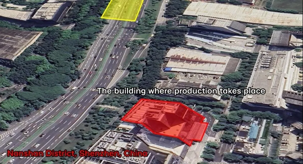 thumbnail - 중국 선전 난산구 아오터싱 과학단지 내에서 확인된 드론 시험 영상 촬영지 건물(붉은색 표시). 중국산 A40 Pro 카메라가 장착된 드론 시험 장면이 이곳에서 촬영된 것으로 조사됐다. 출처=사이버보로슈노