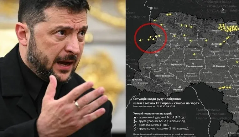 thumbnail - 볼로디미르 젤렌스키 우크라이나 대통령과 우크라이나 공습 상황을 보여주는 지도. 빨간 원 표시된 드론 무리가 폴란드 영공을 넘어간 것으로 알려졌다. AFP 연합뉴스 자료사진