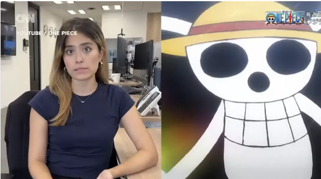 thumbnail - 하나코 몽고메리 CNN 도쿄 특파원이 ‘원피스’ 속 밀짚모자 해적단 깃발, ‘졸리 로저’가 청년 시위대의 상징으로 쓰이는 현상을 설명하고 있다. CNN·유튜브 원피스 캡처