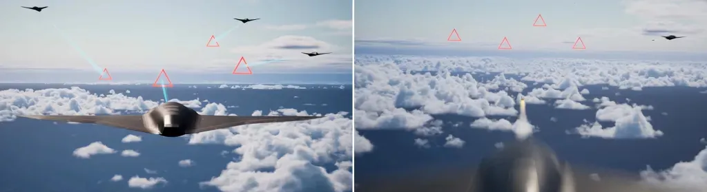 thumbnail - 홍보 영상에 담긴 공대공 임무 시뮬레이션 장면. ‘벡티스’ 드론이 편대를 이뤄 적 항공기를 탐지·추적하는 모습이 표현됐다. 록히드마틴 제공