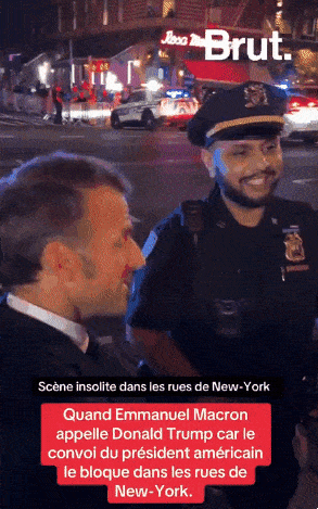 thumbnail - 22일(현지시간) 밤 마크롱 대통령이 유엔 총회에 참석한 뒤 미국 뉴욕 맨해튼의 한 도로를 건너려다가 경찰관에게 제지당하는 모습. 프랑스 매체 브뤼 제공 영상