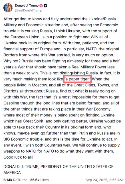 thumbnail - 도널드 트럼프 미국 대통령이 23일(현지시간) 트루스소셜에 올린 글에서 러시아를 ‘종이호랑이’로 규정하며 우크라이나의 전 국토 수복 가능성을 주장했다. 트루스소셜 캡처