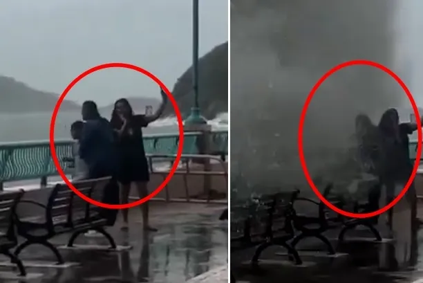 thumbnail - 올해 가장 강력한 제18호 태풍 ‘라가사’ 앞에서 ‘인증샷’ 찍던 홍콩 주민들. 엑스 캡처