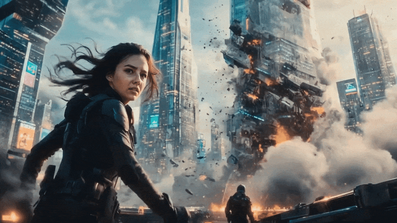 thumbnail - AI 배우 틸라 노우드가 등장하는 영상 속 빌딩 붕괴와 도주 장면. 실제 영화 트레일러 같은 연출이지만 전부 AI로 제작돼 업계 논란을 불러일으켰다. 틸라 노우드 엑스(옛 트위터)