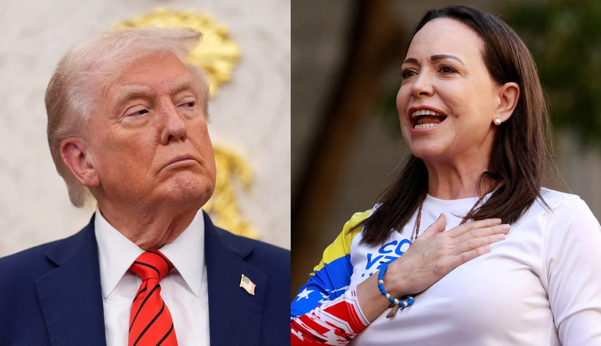 thumbnail - 도널드 트럼프 대통령과 노벨평화상 수상자 마리아 코리나 마차도. 로이터 연합뉴스