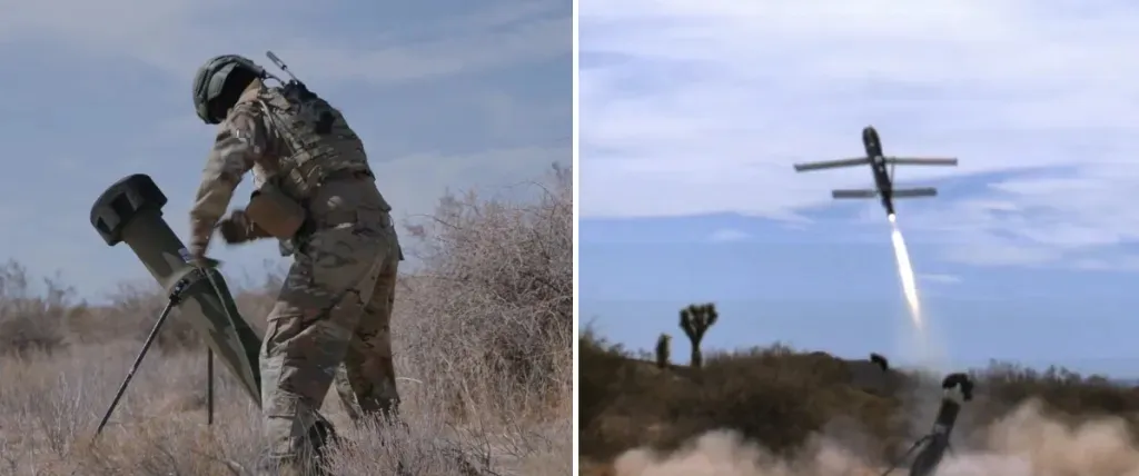 thumbnail - 미 육군 병사가 스위치블레이드 400을 휴대용 발사관에서 쏘아 올리는 훈련 장면. 신형 400형은 약 18㎏의 경량 체계로 1인 운용이 가능하다. 사진=에어로바이런먼트