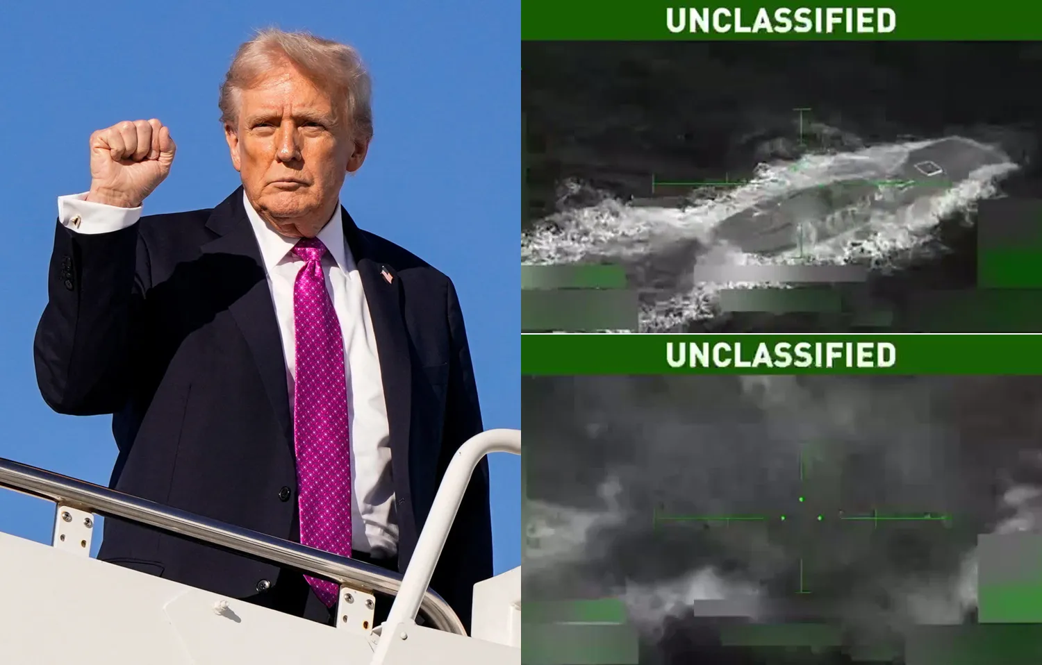 thumbnail - 도널드 트럼프 미국 대통령이 17일(현지시간) 메릴랜드주 앤드루스 합동기지에서 플로리다행 전용기(에어포스원)에 탑승하며 주먹을 들어 올리고 있다. 오른쪽은 트럼프 대통령이 트루스소셜에 공개한 영상에서 미군 드론이 마약 운반 반잠수정을 타격하기 전(위)과 후(아래)의 장면. 로이터 연합뉴스·도널드 트럼프 트루스소셜