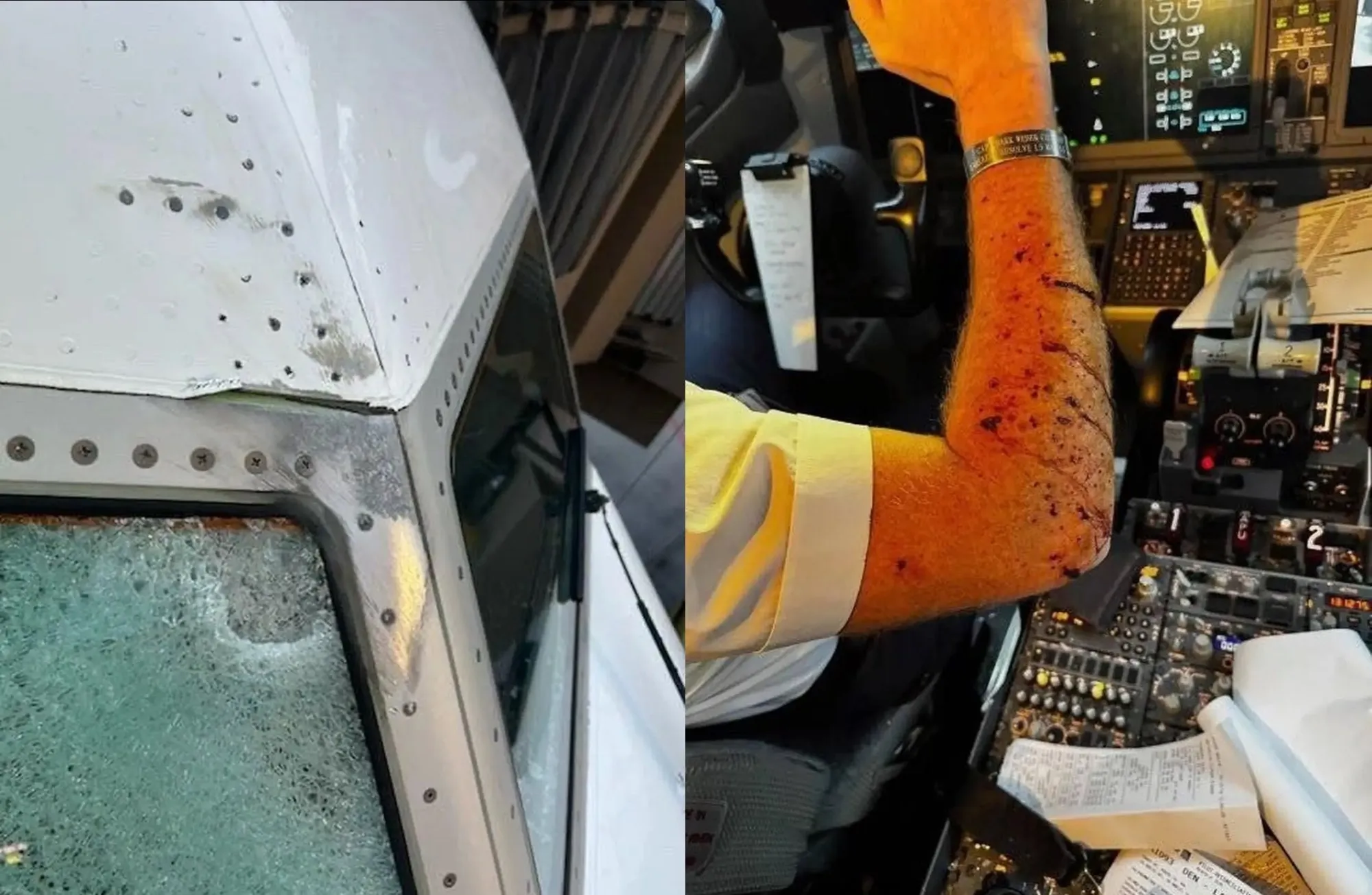 thumbnail - 비행 중 미확인 물체와 충돌한 여객기 외부와 내부 모습. 소셜미디어 캡처