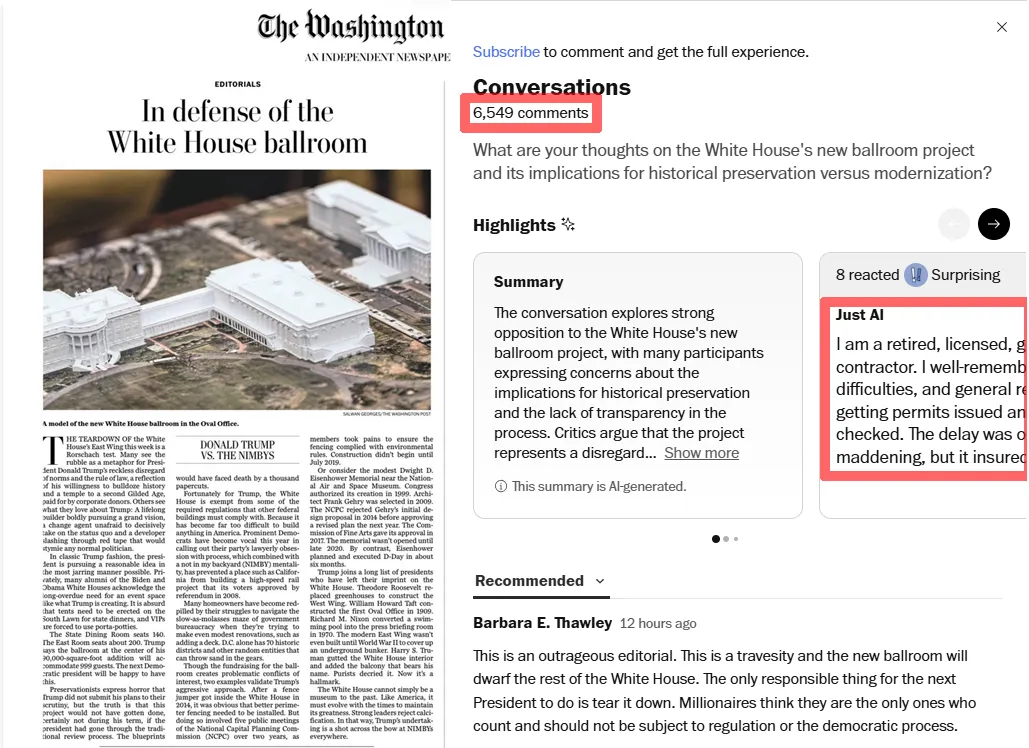 thumbnail - 미국 워싱턴포스트(WP)가 25일자 사설에서 도널드 트럼프 대통령의 백악관 이스트윙 철거 결정을 옹호하는 내용의 글을 게재했다. 오른쪽은 6500여 건이 넘는 독자 댓글이 달린 논란 게시판 화면. 워싱턴포스트 캡처