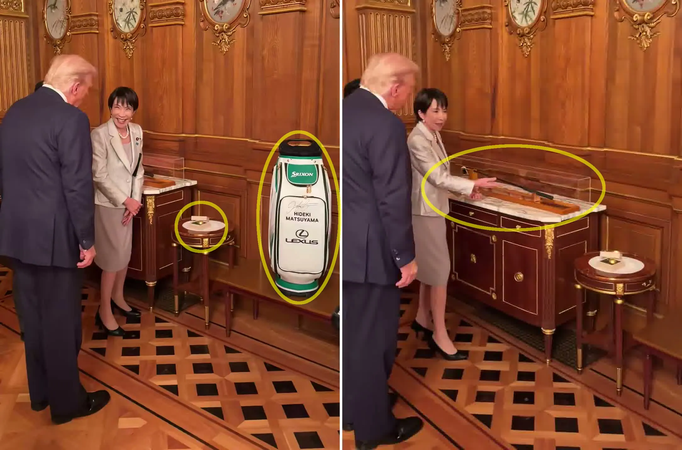 thumbnail - 다카이치 사나에 일본 총리가 도널드 트럼프 미국 대통령에게 선물로 준비한 아베 신조 전 총리의 골프채(오른쪽)와 마쓰야마 히데키 선수의 친필 사인이 담긴 골프백(왼쪽), 그리고 금박 골프공(탁자 위)을 소개하고 있다. 2025년 10월 28일 일본 도쿄 아카사카 영빈관. 마고 마틴 미국 대변인 엑스
