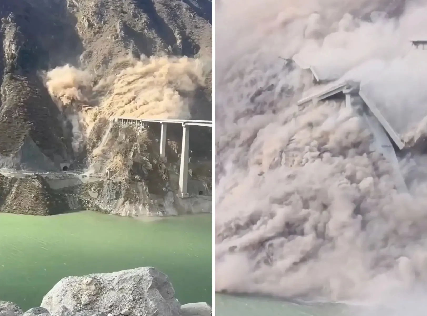 thumbnail - 중국 쓰촨성 아바주 마얼캉시에 위치한 홍치대교가 산사태로 무너지는 순간. 왼쪽은 흙먼지가 산기슭을 뒤덮는 장면, 오른쪽은 다리 상판이 강으로 추락하며 콘크리트 잔해로 변하는 모습이다. 엑스