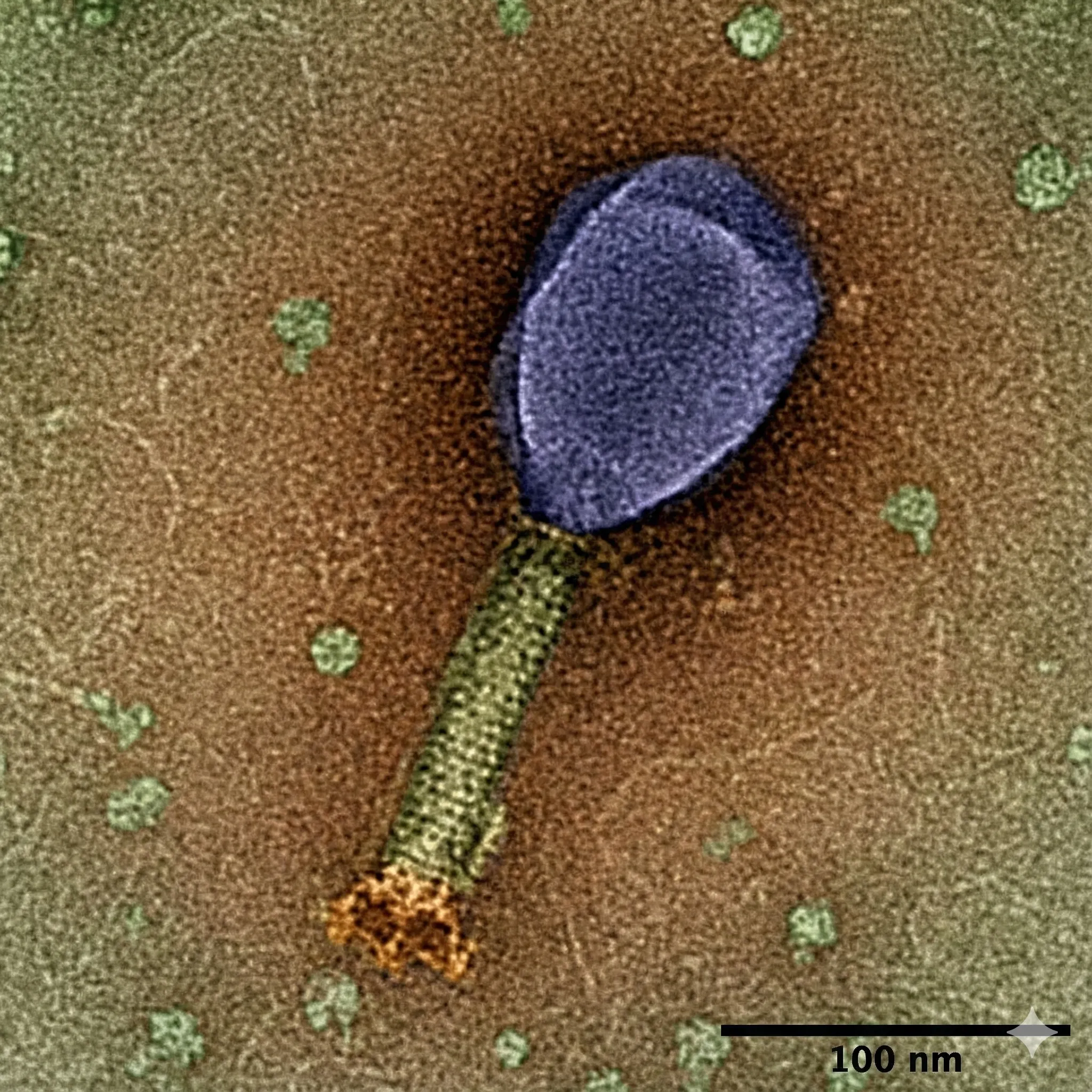 thumbnail - 대장균에 감염되는 T2 박테리오파지의 전자 현미경 사진을 AI로 채색한 모습. SnaxMikn/Wikipedia