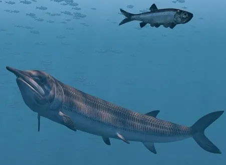 thumbnail - 아스피도린쿠스(아래쪽에 있는 물고기)의 복원도. Credit: Oleg Kuznetsov