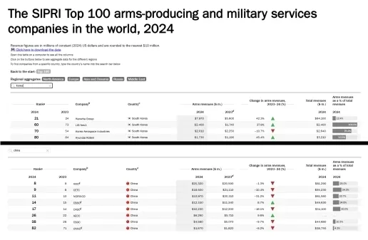 thumbnail - 2024년 세계 100대 방산기업 매출의 한국(위)과 중국(아래) 기업 비교. 스톡홀름국제평화연구소 제공