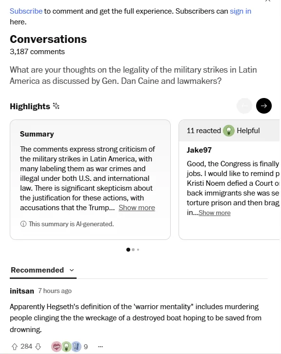 thumbnail - 워싱턴포스트(WP) 온라인판 기사 댓글란에 달린 반응 화면. 3000여 개에 달한 댓글 대부분이 중남미 지역에서 이뤄진 미군의 공습을 ‘전쟁범죄’로 규정하며 피트 헤그세스 장관과 트럼프 행정부를 강하게 비판하고 있다. WP 캡처