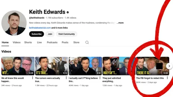 thumbnail - 엡스타인 파일 관련 의혹을 다룬 유튜브 채널 화면. 문제의 사진은 영상 썸네일로만 사용됐으며, 출처와 진위는 확인되지 않았다. 유튜브 계정 @keithedwards 화면 캡처