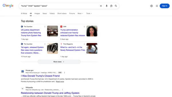 thumbnail - ‘트럼프’ ‘아동’ ‘엡스타인’ ‘전용기’ 등을 키워드로 한 구글 검색 결과 화면. 주요 외신 보도는 엡스타인 파일 공개와 관련한 논란을 다루고 있으나, 문제의 사진 자체를 사실로 전한 보도는 확인되지 않는다. 구글 검색 결과 화면 캡처