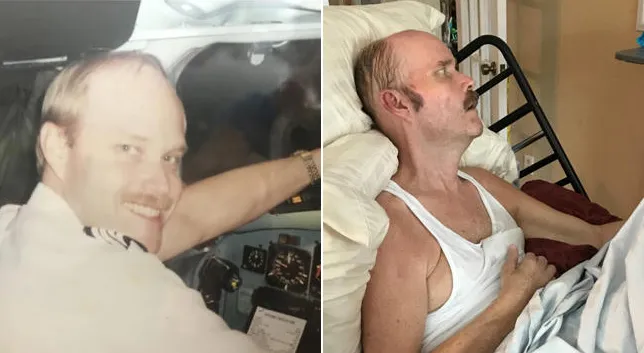 thumbnail - 항공기 조종사였던 론 와일랜드가 비행기 활주로 이동 중 강한 엔진 오일 냄새를 감지한 뒤(왼쪽), 이후 근위축성측삭경화증(ALS) 진단을 받고 병상에 누워 있는 모습(오른쪽). 유족은 기내 ‘유증기 유입 사고’ 이후 건강이 급격히 악화됐다고 주장하고 있다. 마사 와일랜드 제공