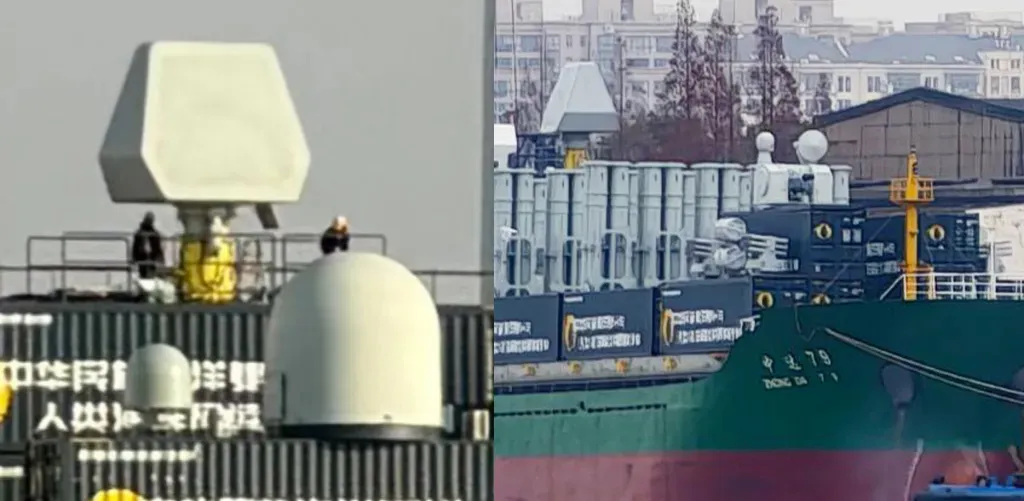 thumbnail - 중국 화물선 갑판에 설치된 레이더와 근접방어체계로 보이는 장비를 확대한 모습. 컨테이너 위에 센서와 방어 무기를 얹어 상선을 전투 플랫폼으로 전환하려는 구상이 드러난다. 중국 인터넷 캡처