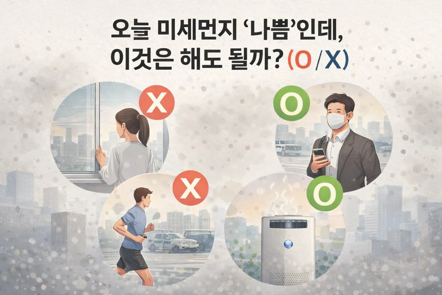 thumbnail - 미세먼지가 ‘나쁨’ 수준인 날, 일상 속 행동 가운데 해도 되는 것과 피해야 할 것을 O·X로 정리한 안내 일러스트. 외출·운동·환기·실내 관리 등 기본 수칙을 한눈에 보여준다. ⓒ서울신문 뉴미디어랩