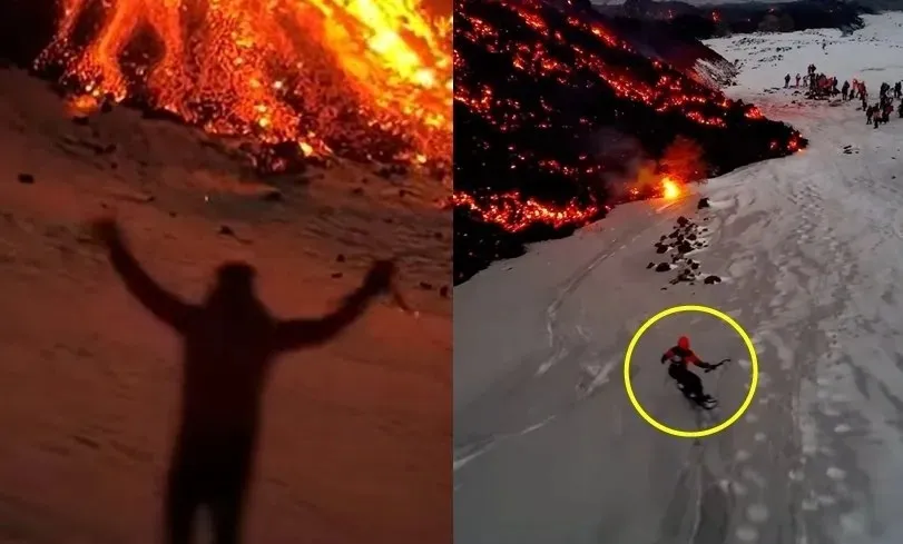 thumbnail - 지난 2월 이탈리아 에트나 화산에서 스키 타는 관광객들 모습. 영상 캡처