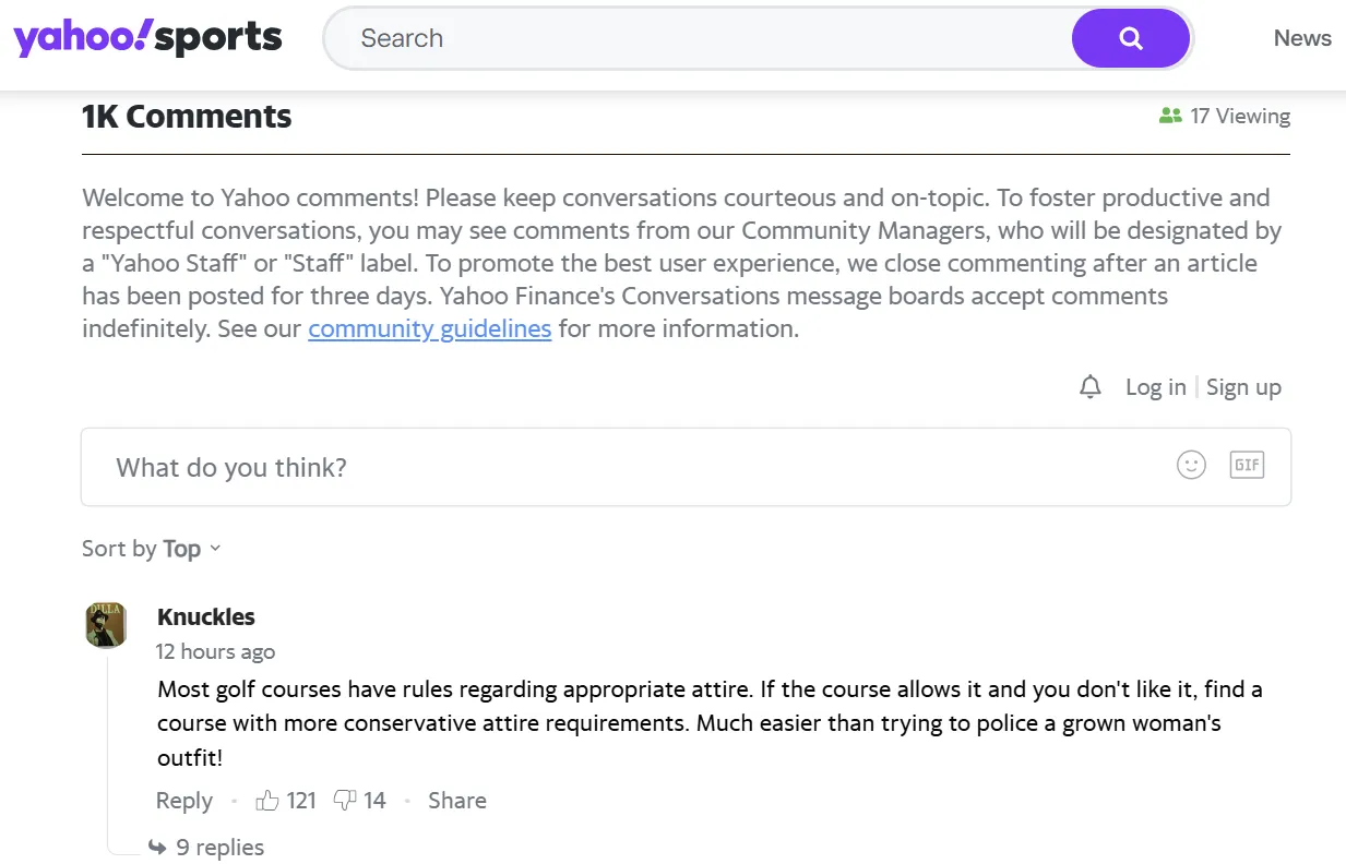 thumbnail - 야후 스포츠에 게재된 더스펀 기사에는 댓글이 1,000개 이상 달리며 복장 논란을 둘러싼 찬반 의견이 이어졌다. 야후 스포츠 화면 캡처