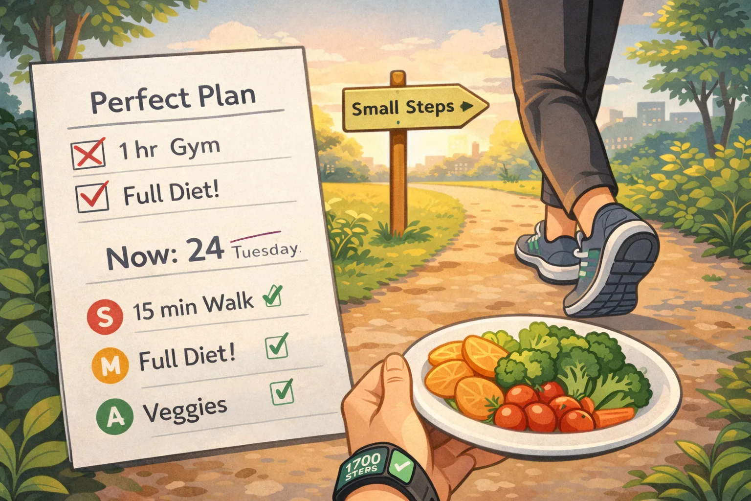 thumbnail - 완벽한 계획 대신 작은 실천부터 시작하는 방식이 건강 습관을 오래 이어가는 데 도움이 된다는 점을 표현한 일러스트.