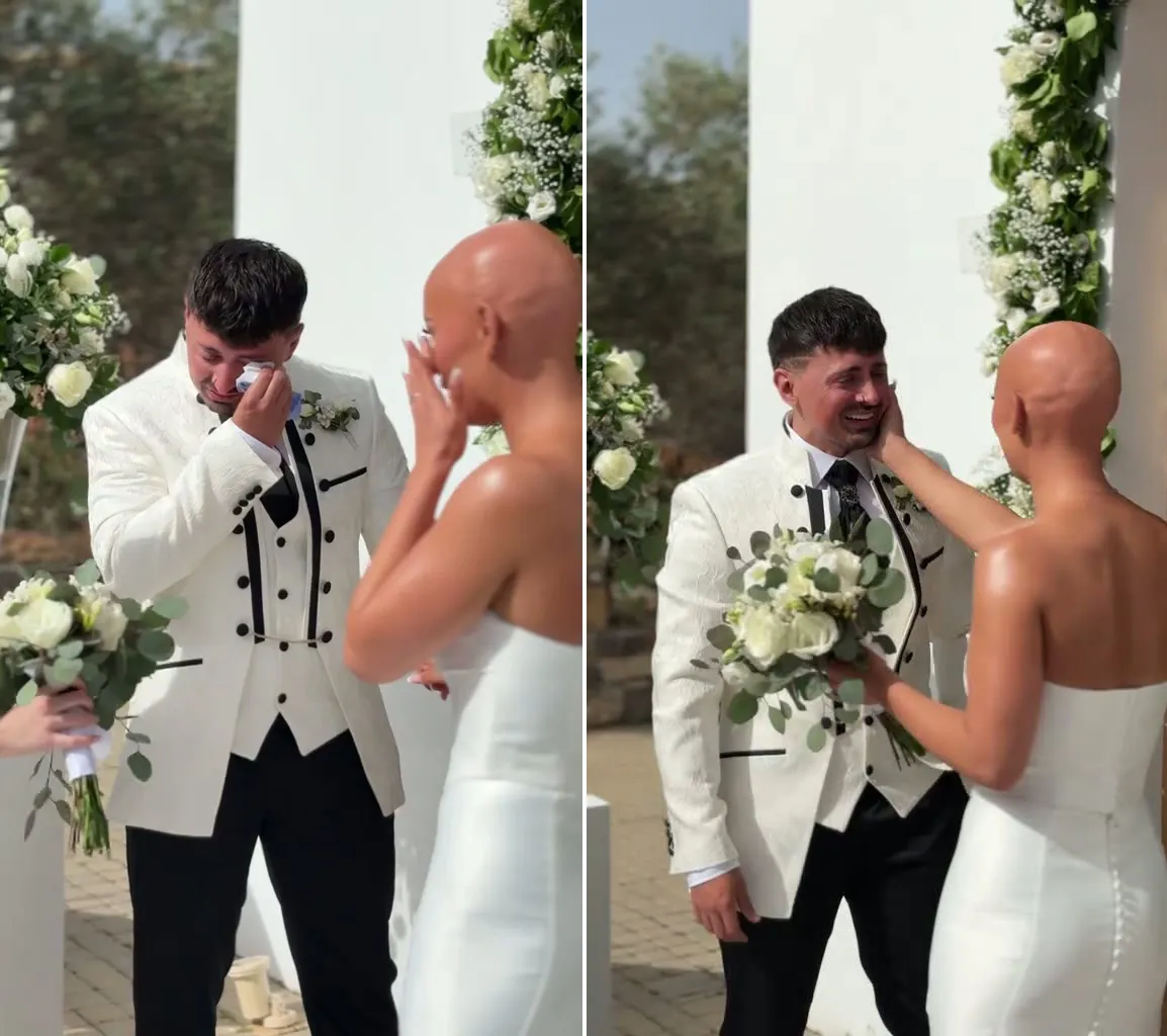 thumbnail - 혼인 서약을 앞두고 눈물을 훔치는 잭 윌리스와 이를 바라보는 다니 G. ‘가발 없는 신부’의 선택은 예식 순간 두 사람 모두에게 깊은 감정을 안겼다. 다니G메이크업1 틱톡