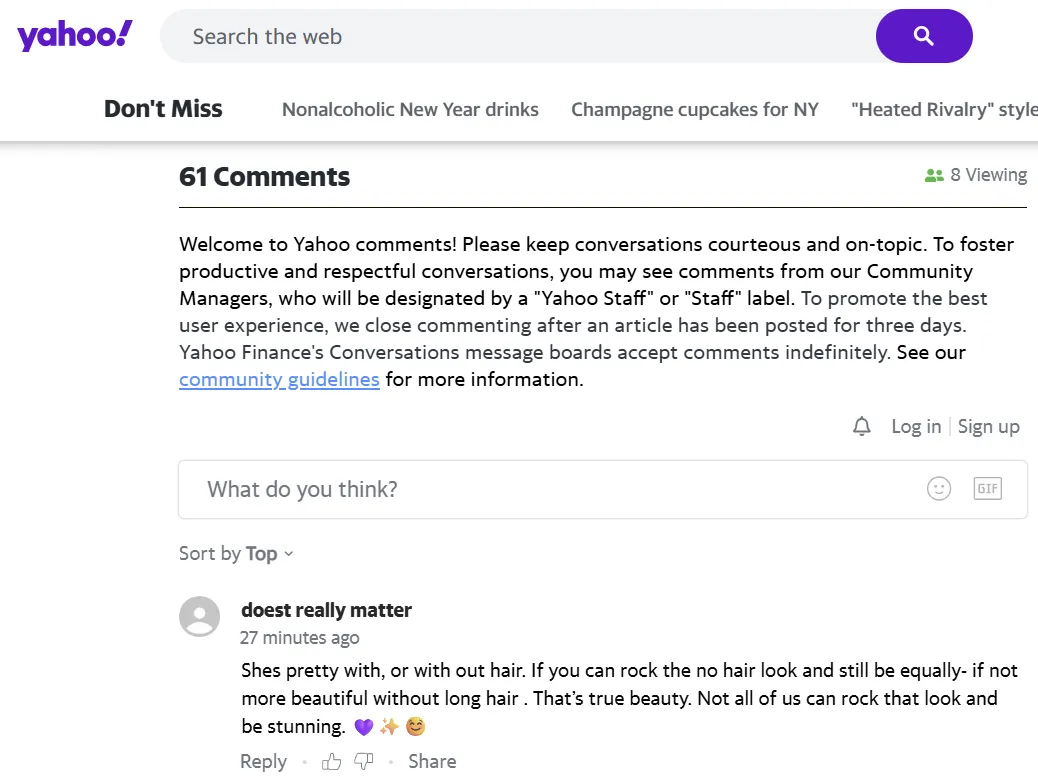 thumbnail - 야후뉴스 댓글창에 “머리카락이 있든 없든 아름답다”며 다니 G의 선택을 응원하는 반응이 이어지고 있다. 독자들은 ‘진정한 아름다움’과 ‘자신감’을 강조하며 긍정적인 평가를 남겼다. 야후뉴스 캡처