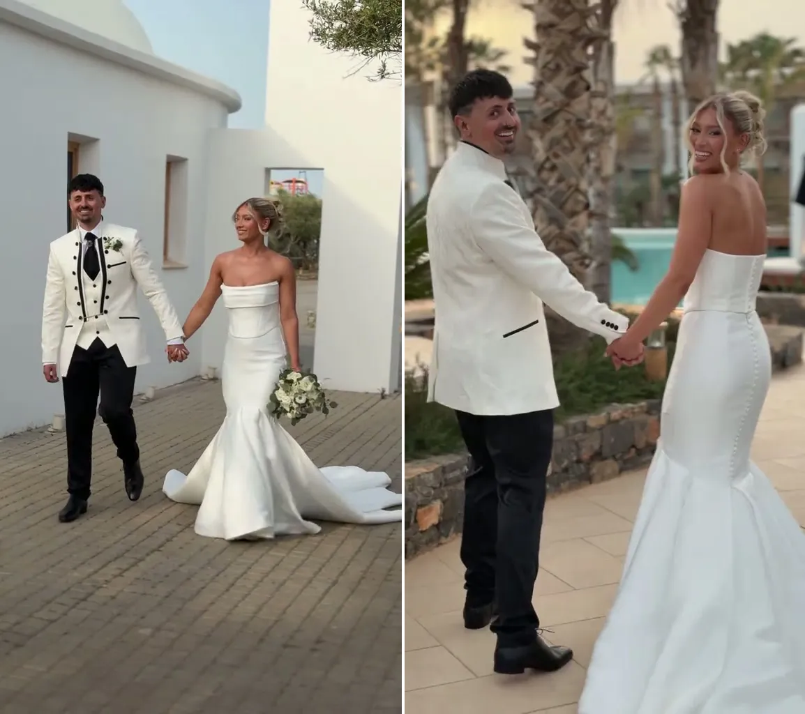 thumbnail - 가발을 착용한 채 남편 잭 윌리스와 손을 잡고 걷는 다니 G의 모습. 영상 말미에 삽입된 해당 장면은 촬영을 위한 연출 컷으로, 실제 결혼식에서는 가발 없이 버진로드에 섰다. 다니G메이크업1 틱톡