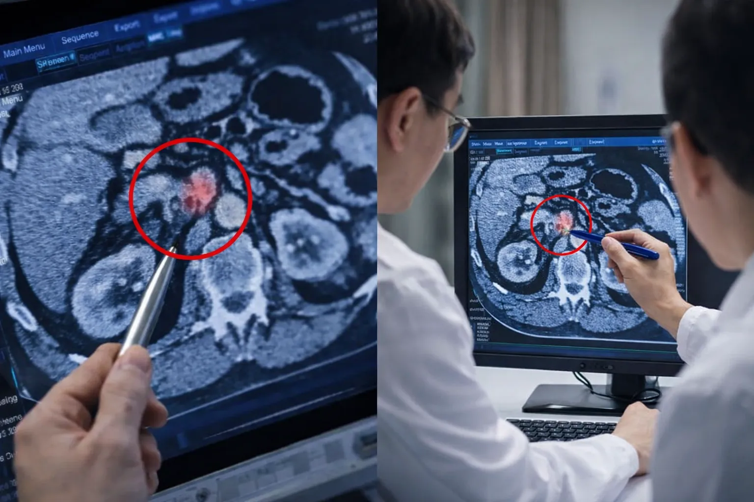 thumbnail - 의료진이 CT 영상에서 췌장 부위 병변을 확인하고 있다. 췌장암은 초기 증상이 거의 없어 영상 판독을 통한 조기 발견 여부가 생존을 가르는 핵심 요인으로 꼽힌다.