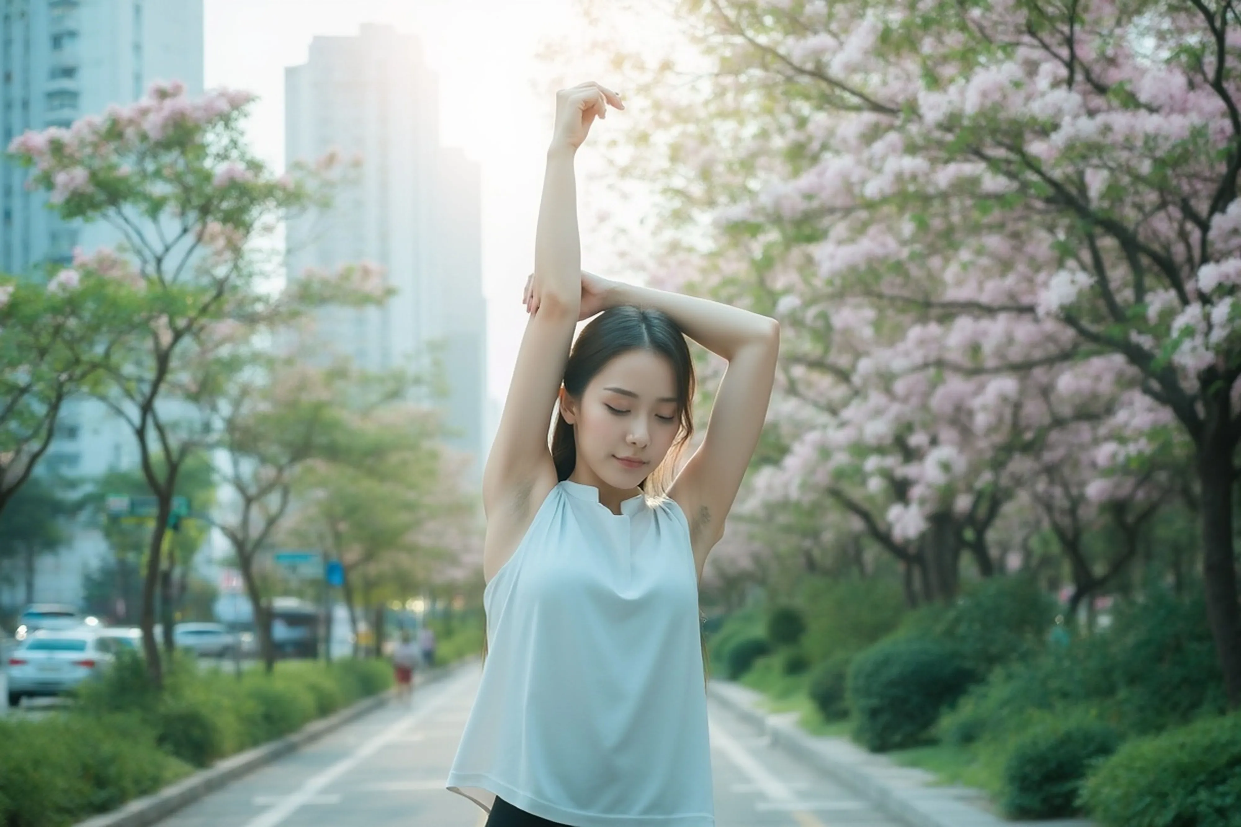 thumbnail - 도심 속 일상에서 가볍게 몸을 풀며 운동을 즐기는 모습. 목표의 크기보다 과정을 얼마나 편안하게 받아들이느냐가 행동을 지속하게 만든다는 점을 보여준다. 123rf