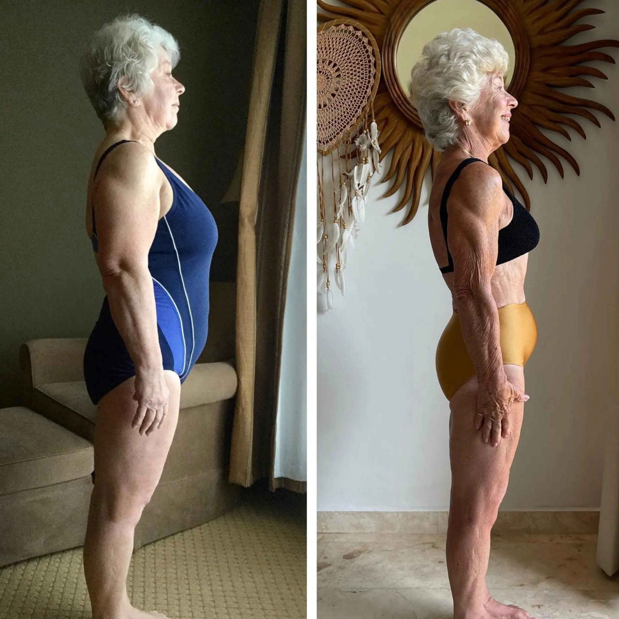 thumbnail - 70세에 인스타그램 계정을 만들어 운동 변화를 기록하기 시작한 조앤 맥도널드. 근력운동 전과 후의 모습이 나란히 담겼다.