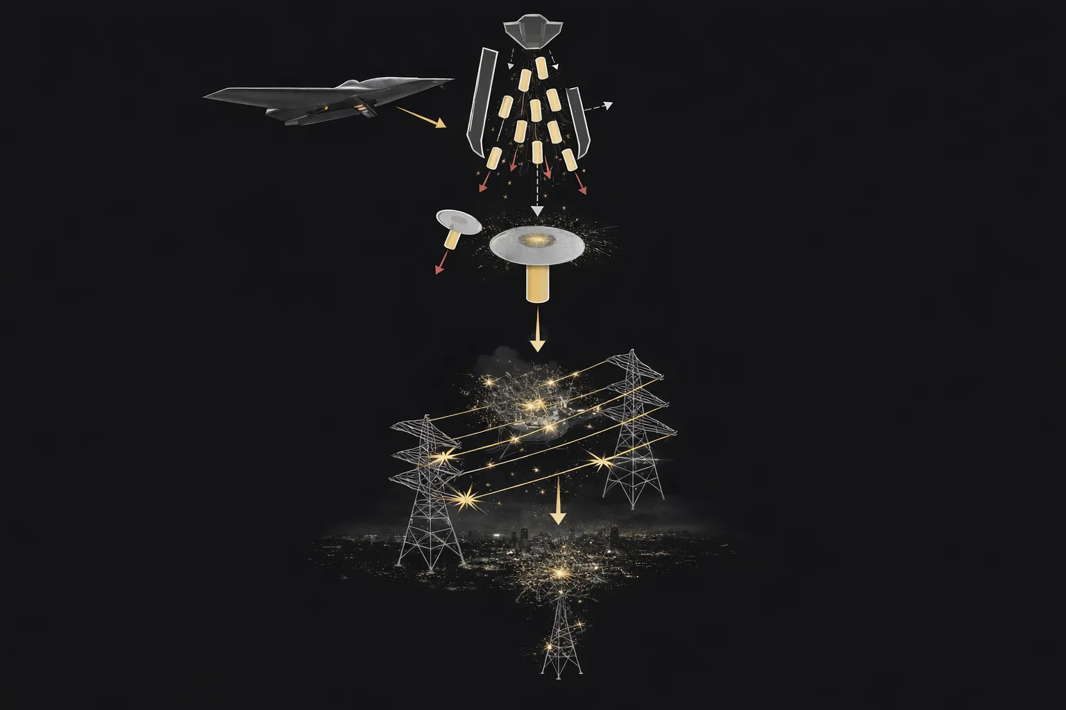 thumbnail - 미국 공군의 BLU-114/B ‘그래파이트 폭탄’ 작동 개념도. 전투기에서 투하된 폭탄이 공중에서 다수의 소형 캔스터로 분산되고, 낙하산을 단 캔스터가 하강하며 탄소섬유 필라멘트를 확산시켜 송전선과 변류 설비를 단락(쇼트)시킨다. 폭발 없이 대규모 정전을 유발해 전력·통신·방공 인프라를 마비시키는 무기다.