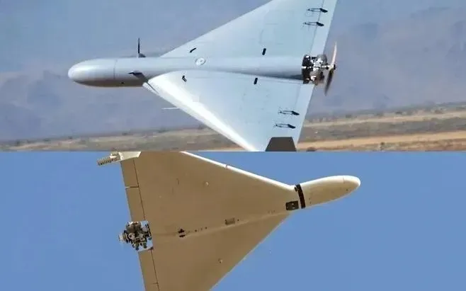 thumbnail - 미군의 루카스 드론(위)과 샤헤드-136 드론 비행 모습. 자료사진
