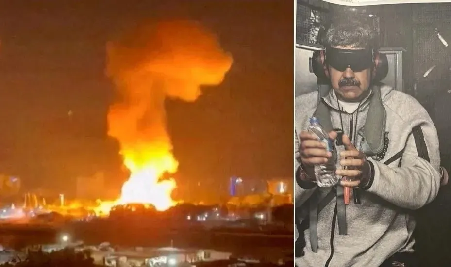 thumbnail - 미군의 ‘확고한 결의 작전’이 전개된 3일(현지시간) 베네수엘라 수도 카라카스에서 공습 여파로 연기와 불길이 치솟고 있다(왼쪽). 오른쪽은 미군의 기습 작전으로 체포돼 압송된 니콜라스 마두로 베네수엘라 대통령의 모습. 도널드 트럼프 미국 대통령이 SNS 트루스소셜을 통해 공개했다. 로이터·연합뉴스