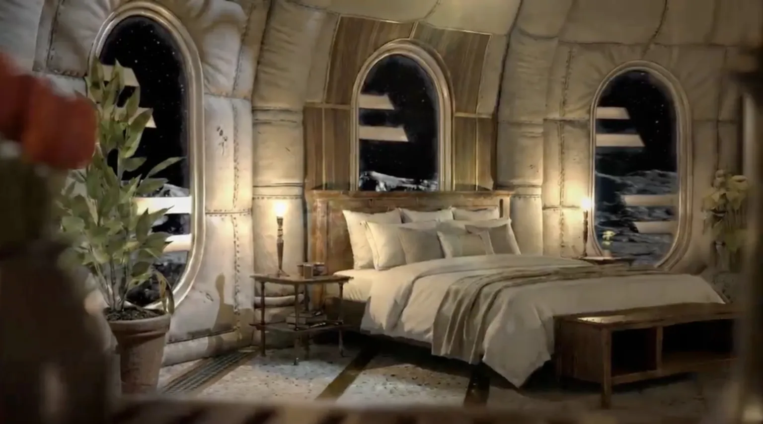 thumbnail - GRU 스페이스가 공개한 달 호텔 객실 내부 상상도. 팽창식 구조물 내부에 침실과 생활 공간을 갖춘 고급 숙박 환경을 구현한 모습이다. GRU 스페이스 제공