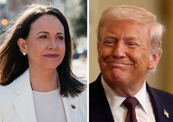 thumbnail - 베네수엘라 야권 지도자 마리아 코리나 마차도(왼쪽)와 도널드 트럼프 미국 대통령. 로이터 연합뉴스